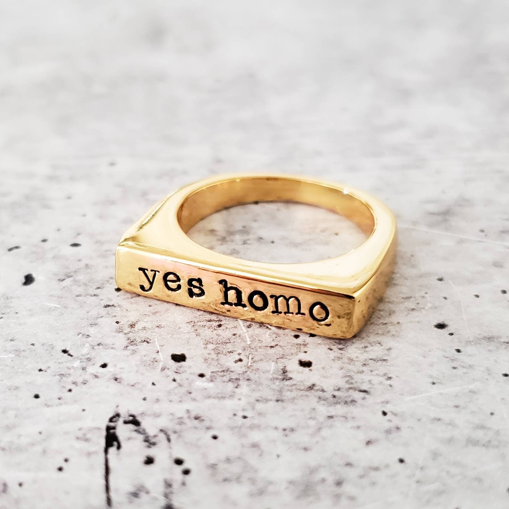 Yes Homo Pride Ring -  LGBTQIA Jewelry - Funny Gold Plated Ring for Gay Friend - Personalized for Non Binary Friend - Gay Pride Jewelry