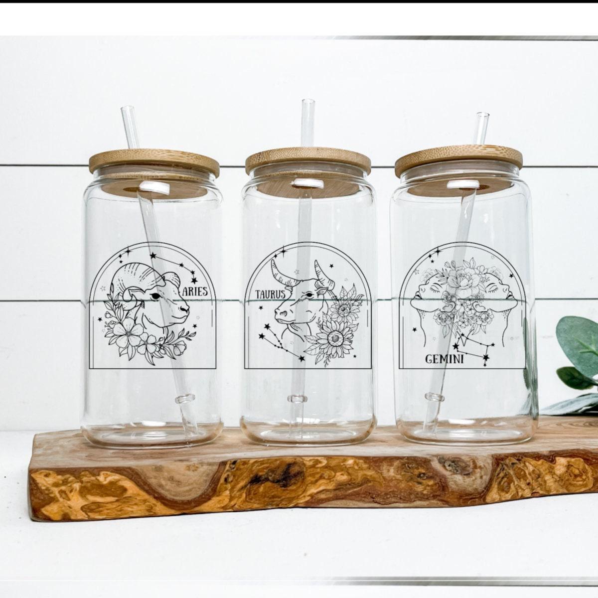 Zodiac Glass Cup with TWO signs - Double Constellation Iced Coffee Cup - Horoscope Sign Drinking Glass - Star Sign Travel Cup