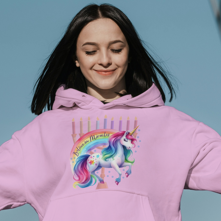 Believe in Miracles Rainbow Unicorn Hanukkah Gender Neutral Hoodie Salt and Sparkle