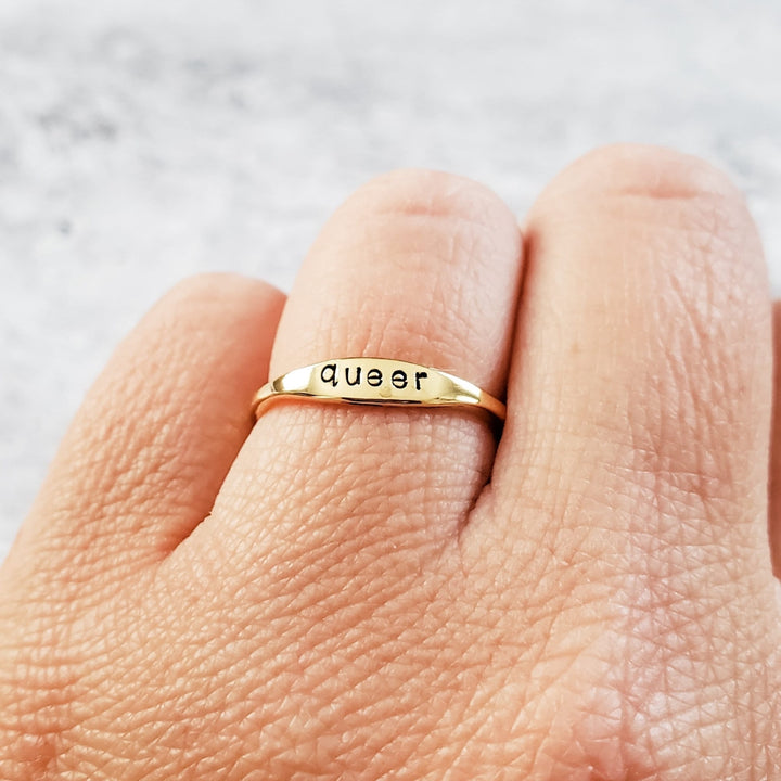 QUEER Dainty Gold Ring - LGBTQIA+ Silver Pride Jewelry Salt and Sparkle