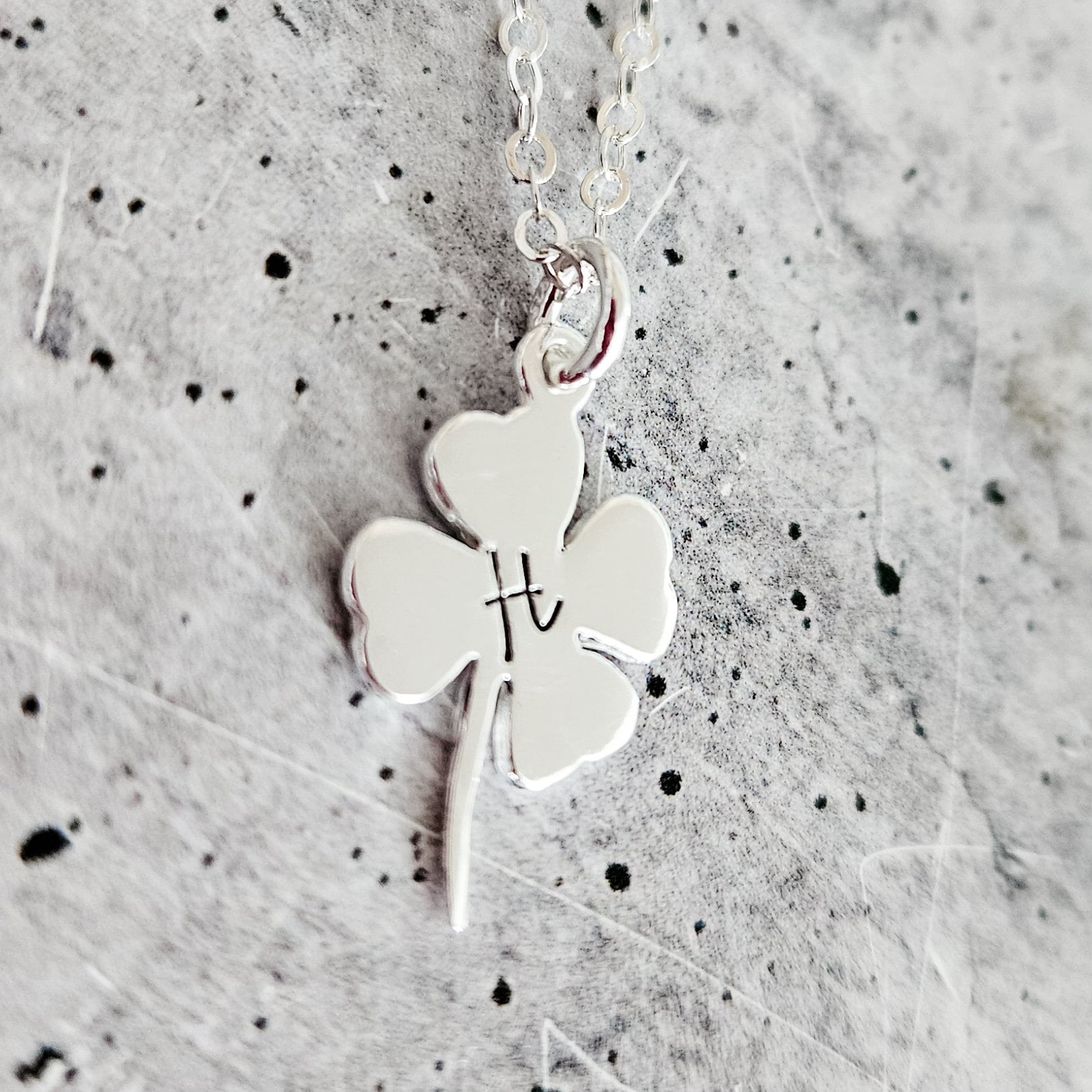 Silver Four Leaf Clover Initial Necklace - Irish Good Luck Charm for Spring Salt and Sparkle