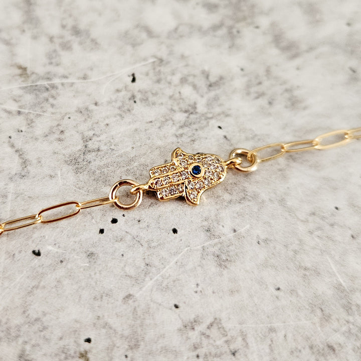 Dainty Gold Crystal Hamsa Evil Eye Bracelet Salt and Sparkle