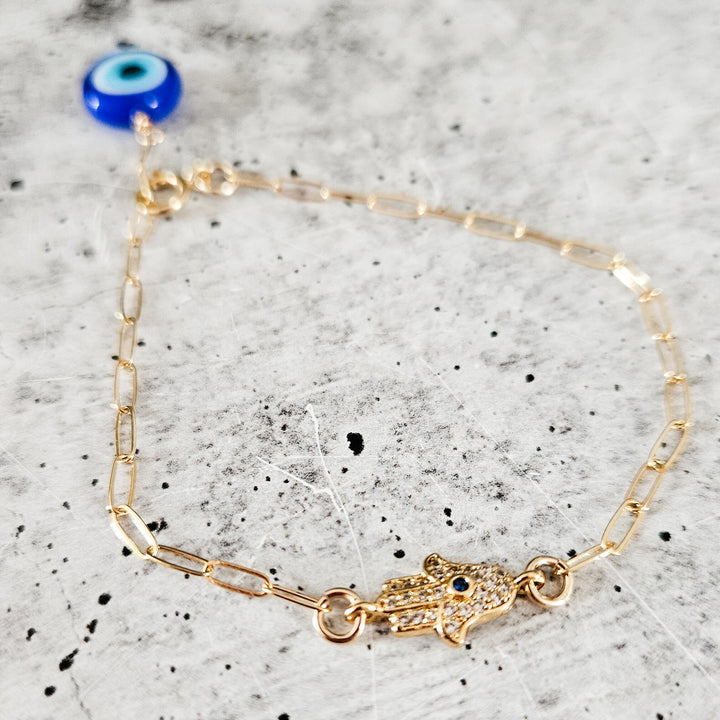 Dainty Gold Crystal Hamsa Evil Eye Bracelet Salt and Sparkle