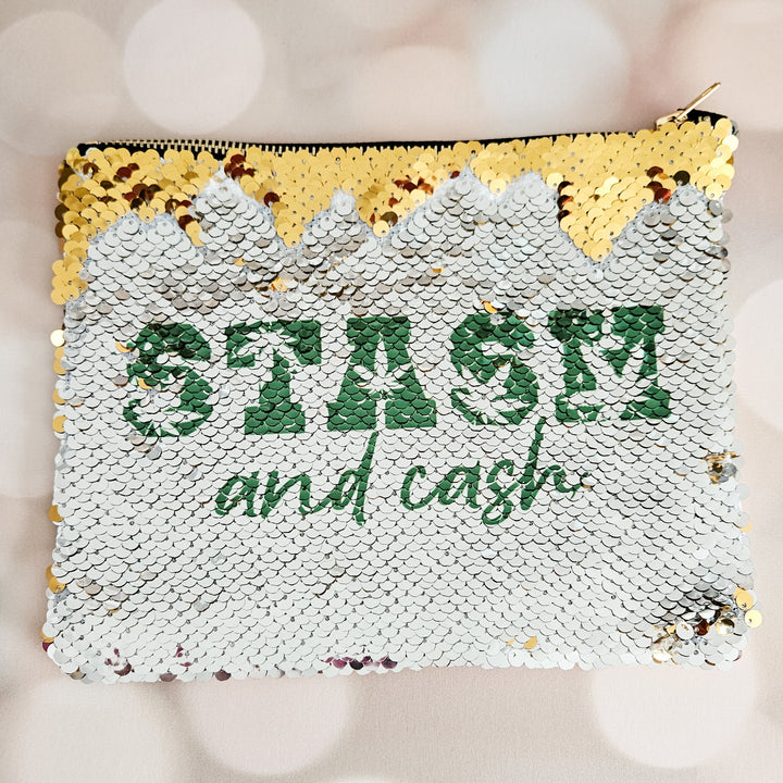 Stash and Cash 420 Sequin Cosmetic Case - Funny Weed Storage Pouch for Single Women Salt and Sparkle