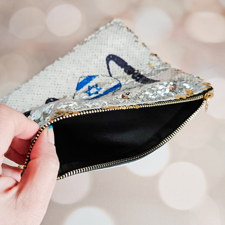 Shalom Love Israel Heart Flag Pouch | Sequined Secret Message Cosmetic Bag Salt and Sparkle