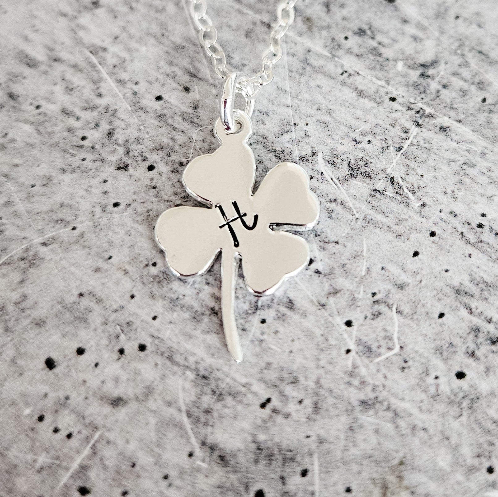 Silver Four Leaf Clover Initial Necklace - Irish Good Luck Charm for Spring Salt and Sparkle