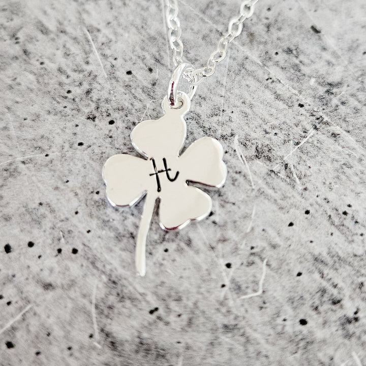 Silver Four Leaf Clover Initial Necklace - Irish Good Luck Charm for Spring Salt and Sparkle