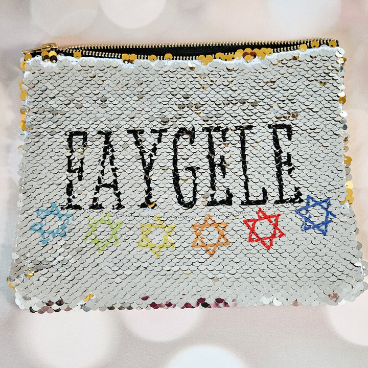 Jewish Gay Pride Pouch | Faygele Sequined Secret Message Cosmetic Bag Salt and Sparkle