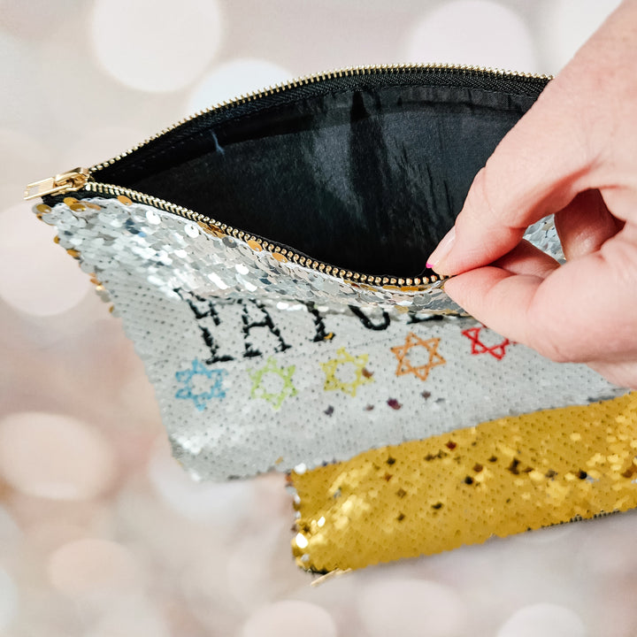 Jewish Gay Pride Pouch | Faygele Sequined Secret Message Cosmetic Bag Salt and Sparkle