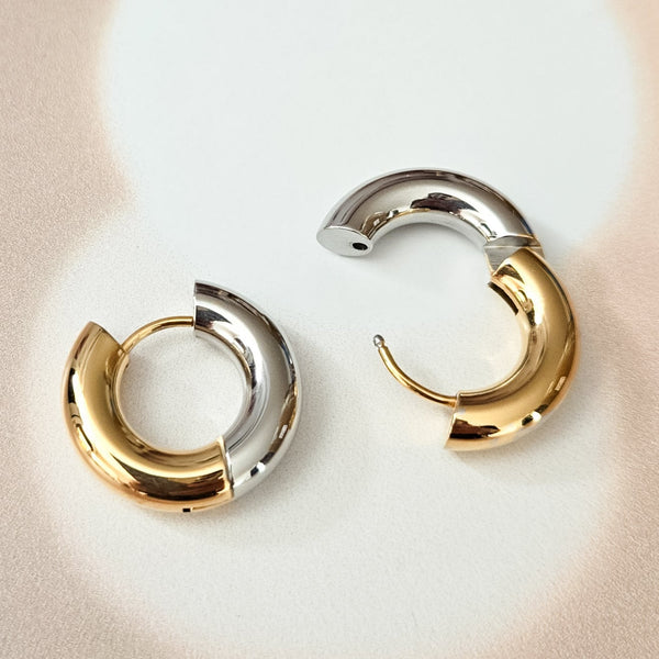 Two Tone Chunky Hoop Earrings, Trending Statement Jewelry, Women's Thick Silver and Gold Huggie Hoops, Trendy Graduation Gift for Her Salt and Sparkle