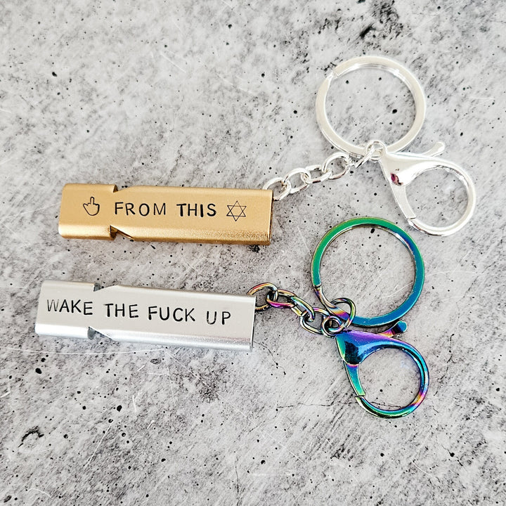 Wake the F*ck Up Whistle Keychain, Emergency Alert Whistle, Backpack Noisemaker, Protection for Jewish College Students, Back to School Salt and Sparkle