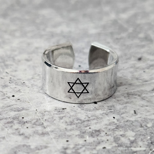 Star of David Open Back Wide Band Ring, Gender Neutral Magen David Jewelry, Minimalist Jewish Star Ring for Him, Stand with Israel Jewelry Salt and Sparkle