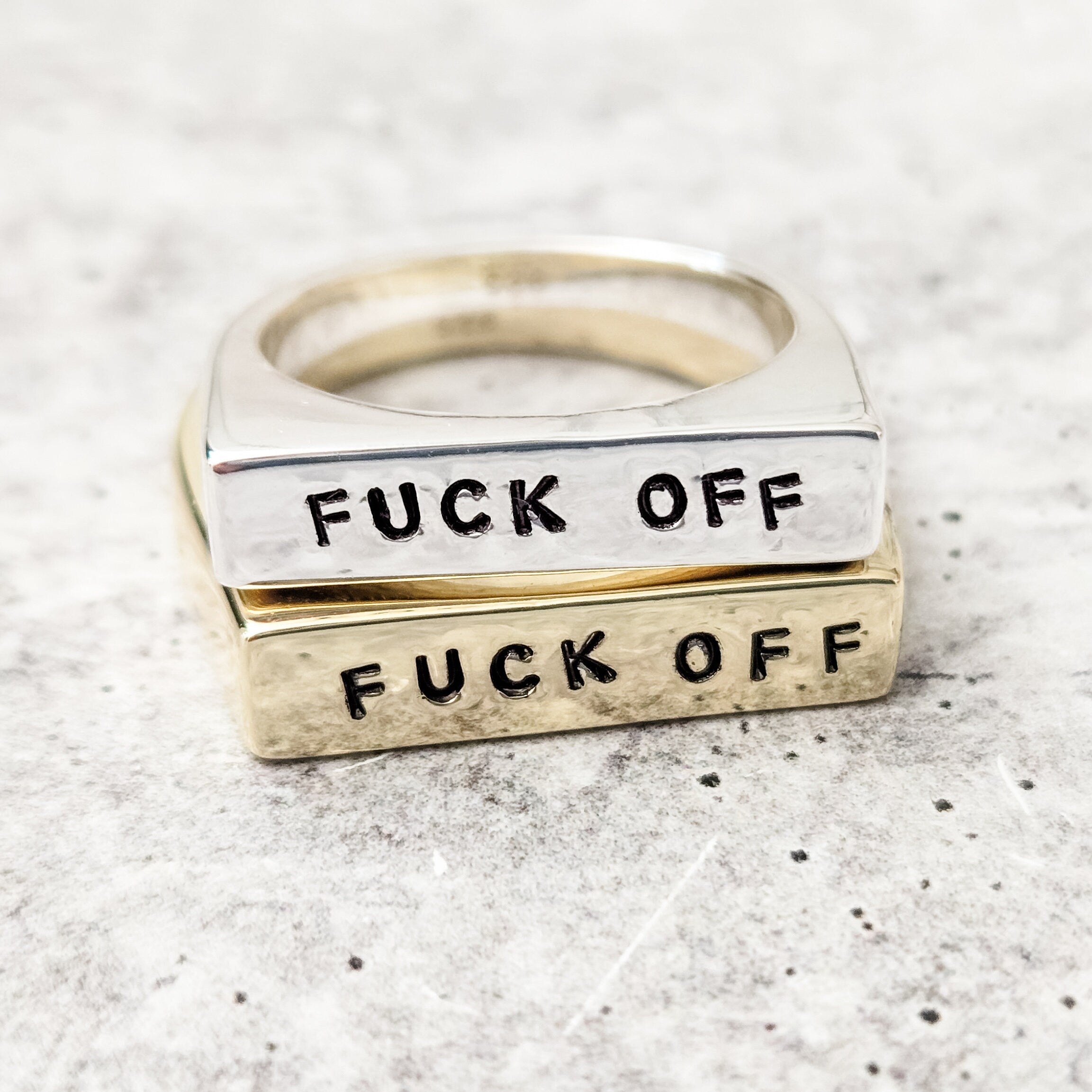 F*CK OFF Ring - Middle Finger Gold Plated Flat Top Ring Salt and Sparkle
