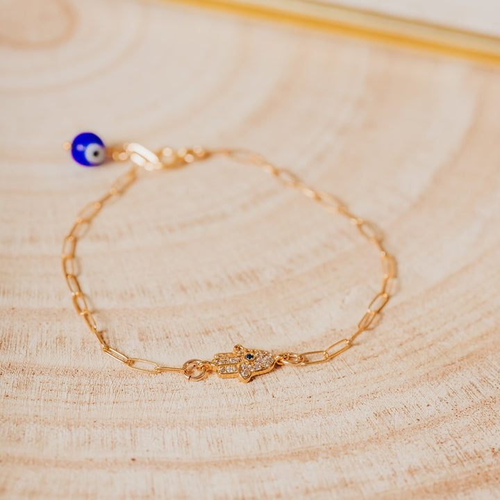 Dainty Gold Crystal Hamsa Evil Eye Bracelet Salt and Sparkle