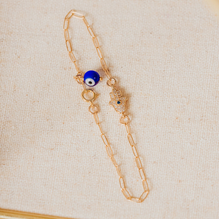 Dainty Gold Crystal Hamsa Evil Eye Bracelet Salt and Sparkle