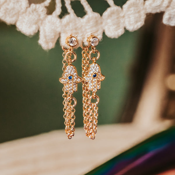 Gold Hamsa Long Stud Earrings | Dainty Gold Crystal Hamsa Evil Eye Hoops for Her Salt and Sparkle