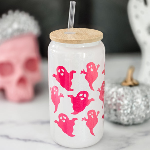 Pink Ghost Sparkly Printed Iced Coffee Cup - Cute Halloween Beer Can Glass Salt and Sparkle