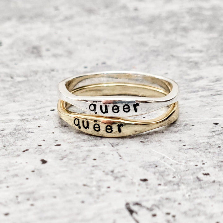 QUEER Dainty Gold Ring - LGBTQIA+ Silver Pride Jewelry Salt and Sparkle