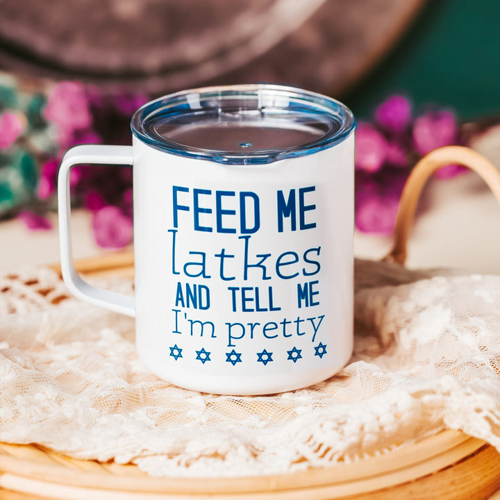 Feed Me Latkes Chanukah Travel Mug, Funny Jewish Coffee Cup for Hanukkah, Jewish Humor Holiday Gift for Work, Jewish Home Decor for Chanukah Salt and Sparkle