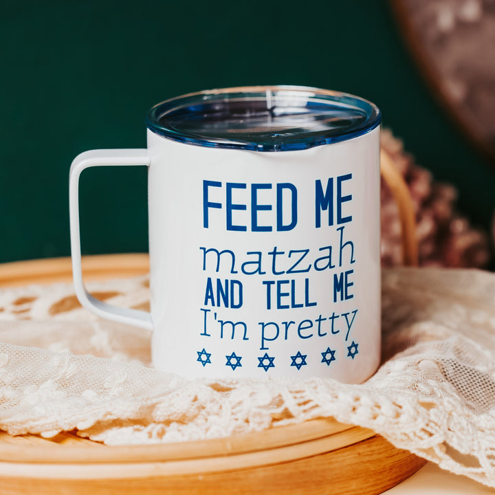 Feed Me Matzah Passover Mug, Funny Jewish Coffee Cup for Pesach, Jewish Humor Holiday Family Decor, Jewish Hostess Gift for Passover Seder Salt and Sparkle