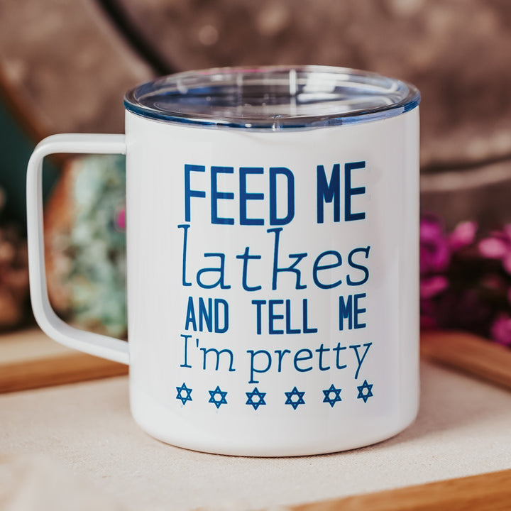 Feed Me Latkes Chanukah Travel Mug, Funny Jewish Coffee Cup for Hanukkah, Jewish Humor Holiday Gift for Work, Jewish Home Decor for Chanukah Salt and Sparkle