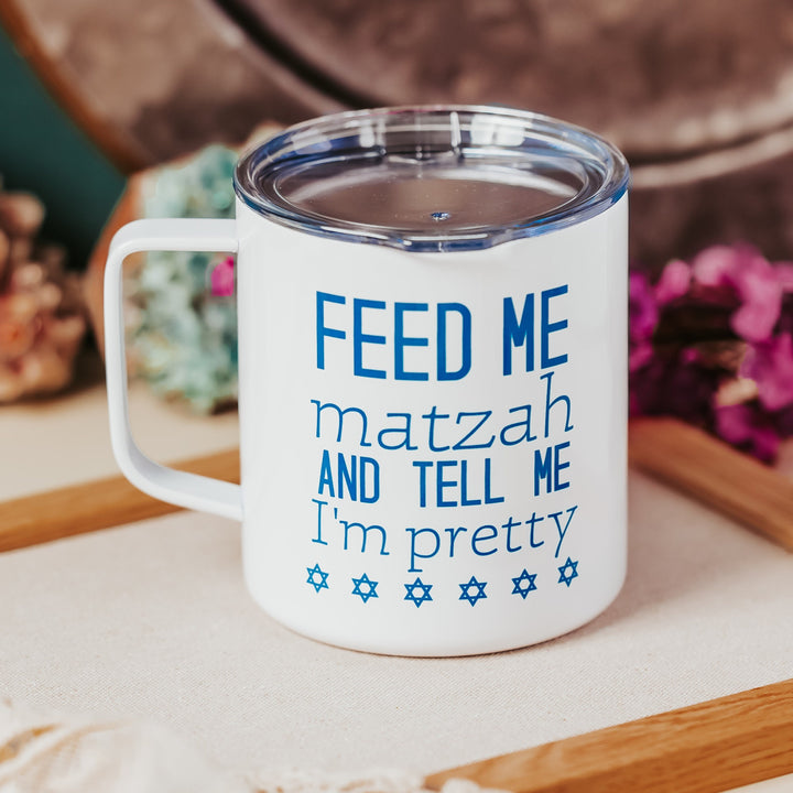 Feed Me Matzah Passover Mug, Funny Jewish Coffee Cup for Pesach, Jewish Humor Holiday Family Decor, Jewish Hostess Gift for Passover Seder Salt and Sparkle