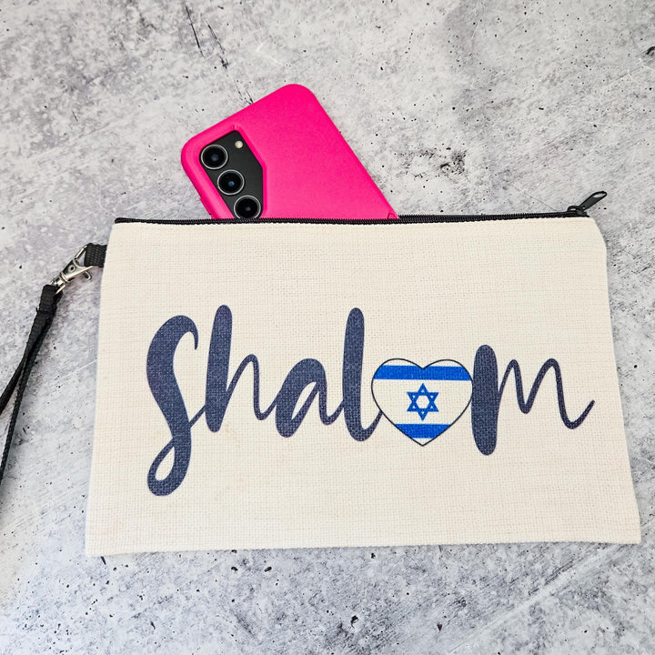 Shalom Makeup Pouch, Jewish Pencil Case  Back to School, Stand with Israel Tote Bag Organizer, Chanukah Gift for Teen Wristlet Wallet Bag Salt and Sparkle