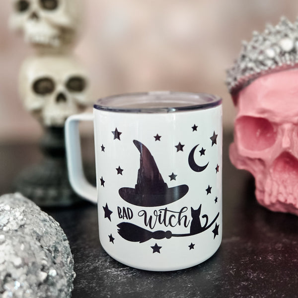 Bad Witch Coffee Cup, Halloween Travel Mug with Lid, Witch, Broom and Cat Halloween Insulated Cup with Lid, Cute Halloween Party Favor Salt and Sparkle