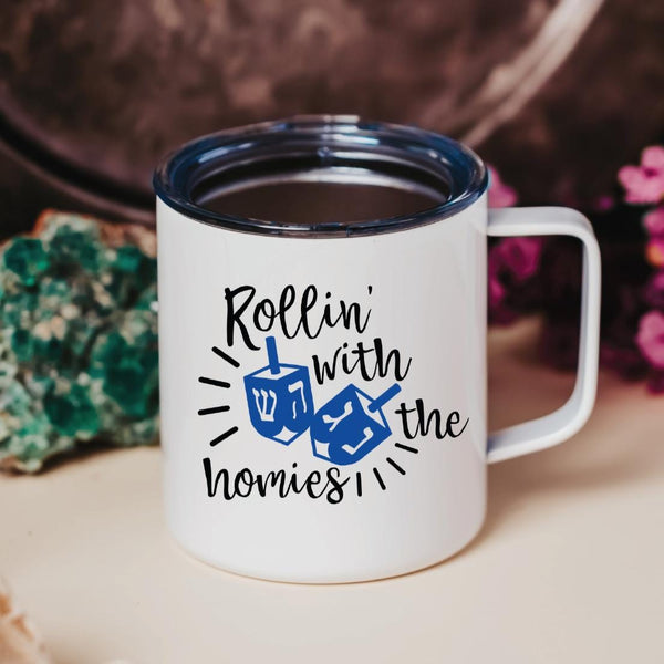 Rollin with the Homies Chanukah Travel Mug, Funny Jewish Dreidel Coffee Cup for Hanukkah, Jewish Humor Gift, Jewish Home Decor for Chanukah Salt and Sparkle