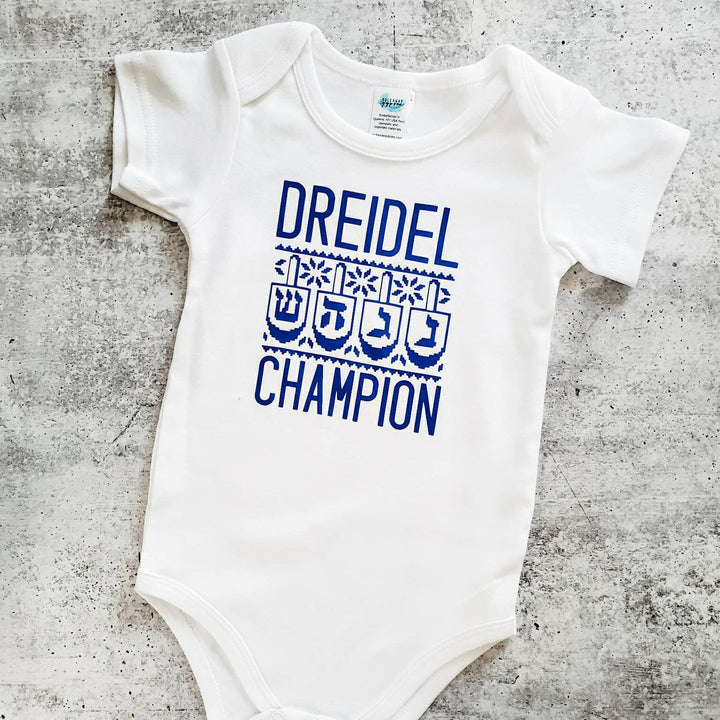 Dreidel Champion Chanukah Baby Bodysuit, Funny Hanukkah Toddler Tee Shirt for Boy, Matching Holiday Gift Sibling Shirts for Jewish Children Salt and Sparkle