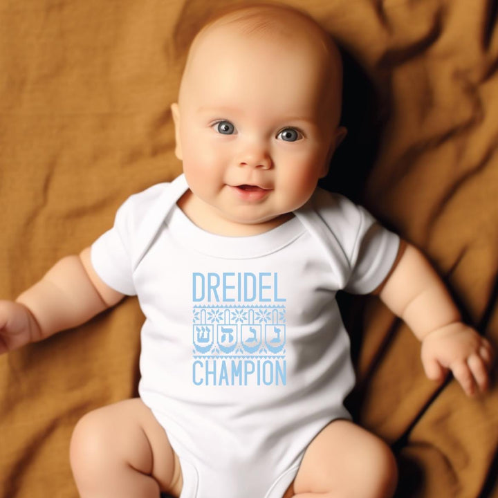 Dreidel Champion Chanukah Baby Bodysuit, Funny Hanukkah Toddler Tee Shirt for Boy, Matching Holiday Gift Sibling Shirts for Jewish Children Salt and Sparkle