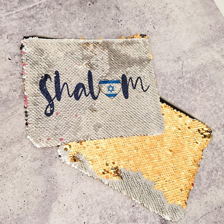 Shalom Love Israel Heart Flag Pouch | Sequined Secret Message Cosmetic Bag Salt and Sparkle