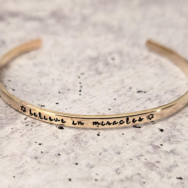 Believe in Miracles Hanukkah Adjustable Skinny Cuff Bracelet | Dainty Jewish Jewelry Salt and Sparkle