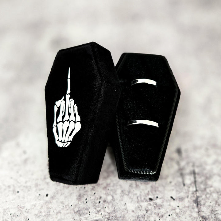 Black Velvet Coffin Ring Box - Skeleton Middle Finger Coffin Jewelry Box for Halloween Salt and Sparkle