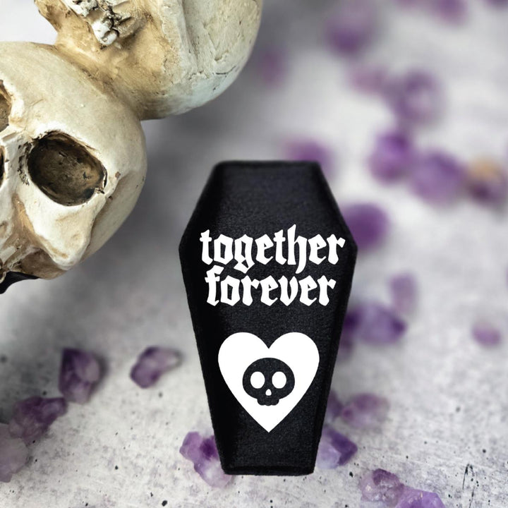 Together Forever Black Velvet Coffin Ring Box - Coffin Jewelry Box for Halloween Wedding Salt and Sparkle