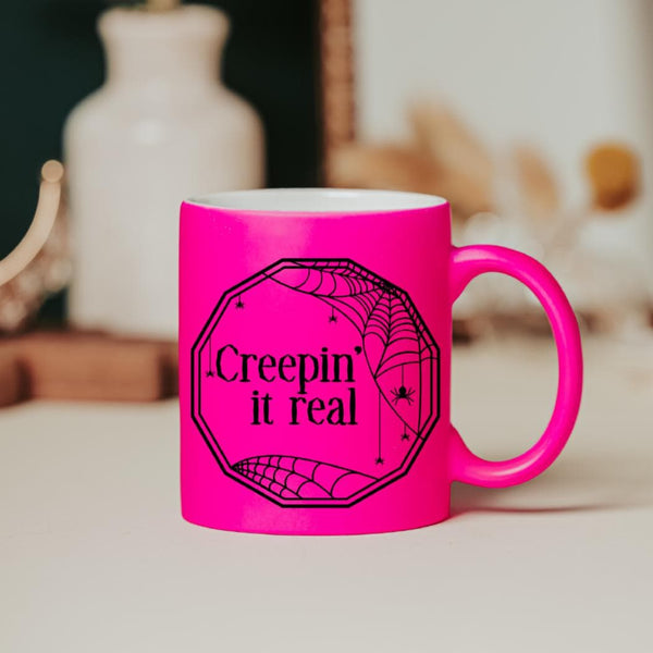 Creepin' it Real Pink Halloween Coffee Mug - Funny Fall Gift For Mom -Creepy Spider Coffee Cup for Spooky Season Salt and Sparkle