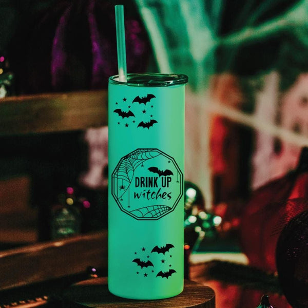 Creepy Drink Up Witches Funny Glow in the Dark Halloween Tumbler - Bat Cup for Adults Trick or Treating Salt and Sparkle