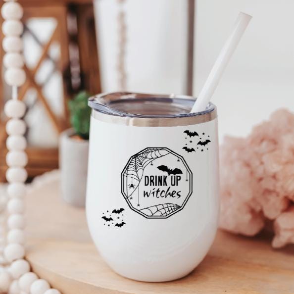 Drink Up Witches Halloween Wine Tumbler - Cute Bat Cup for Witches Salt and Sparkle