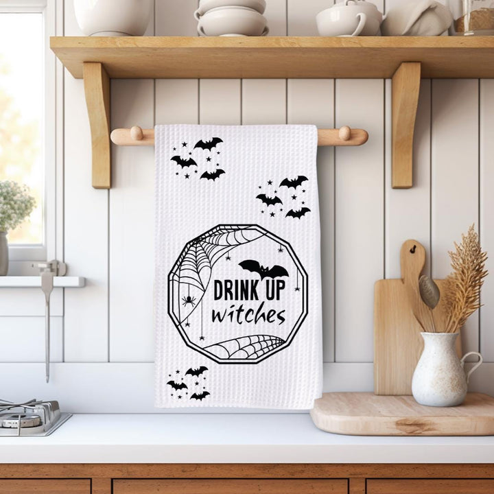 Drink Up Witches Halloween Waffle Dish Towel – Spider Web, Bats, and Fun Witchy Vibes Salt and Sparkle