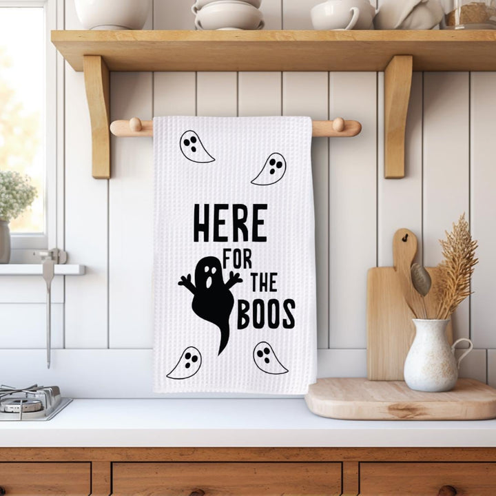 Here for the Boos Halloween Waffle Dish Towel – Ghostly Fun with Playful Spirit - Halloween Lover Kitchen Decor Hand Towel Salt and Sparkle