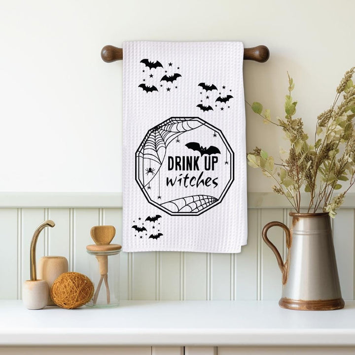 Drink Up Witches Halloween Waffle Dish Towel – Spider Web, Bats, and Fun Witchy Vibes Salt and Sparkle