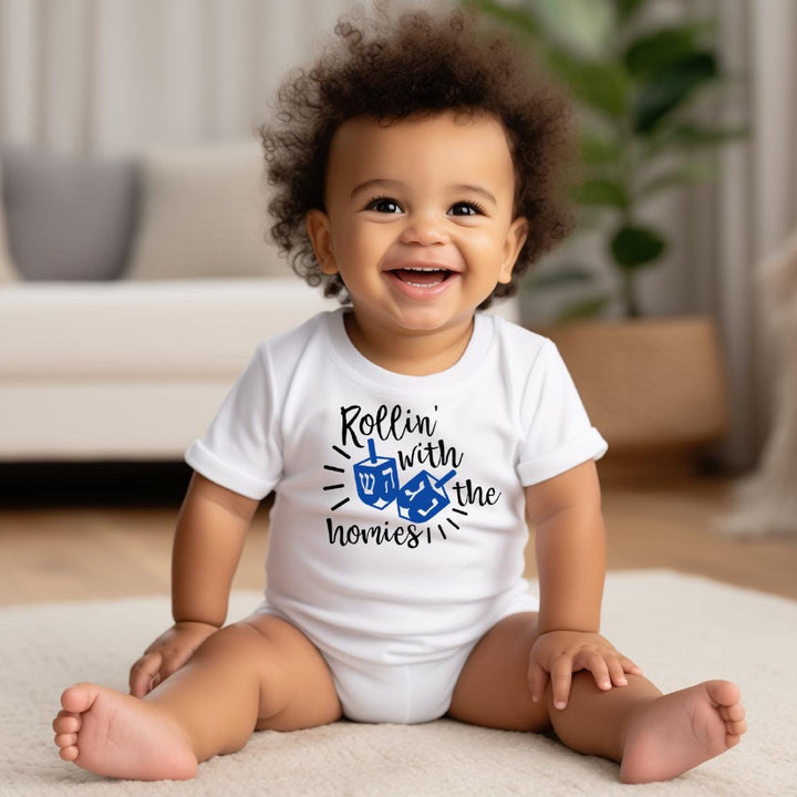 Rollin' with the Homies Chanukah Baby Bodysuit, Funny Hanukkah Toddler Tee Shirt, Matching Holiday Gift Sibling Shirts for Jewish Children Salt and Sparkle