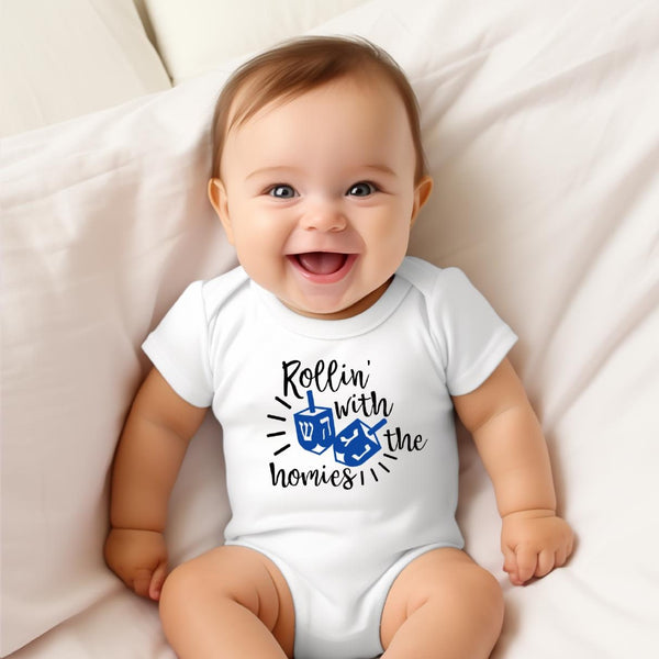 Rollin' with the Homies Chanukah Baby Bodysuit, Funny Hanukkah Toddler Tee Shirt, Matching Holiday Gift Sibling Shirts for Jewish Children Salt and Sparkle