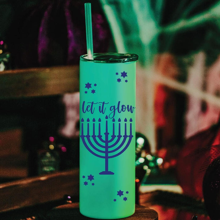 Let It Glow Hanukkah Drink Tumbler, Glow in the Dark Chanukah Travel Cup for Her, 20oz Stainless Steel with Lid & Straw, Unique Jewish Gift Salt and Sparkle