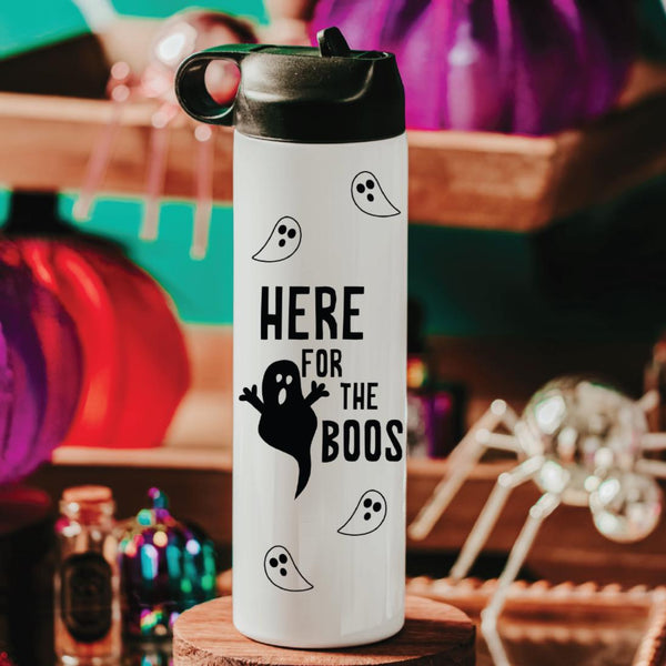 Here for the Boos Ghost Halloween Water Bottle Drink Tumbler - Cute Ghost Cup for Adults Trick or Treating Salt and Sparkle