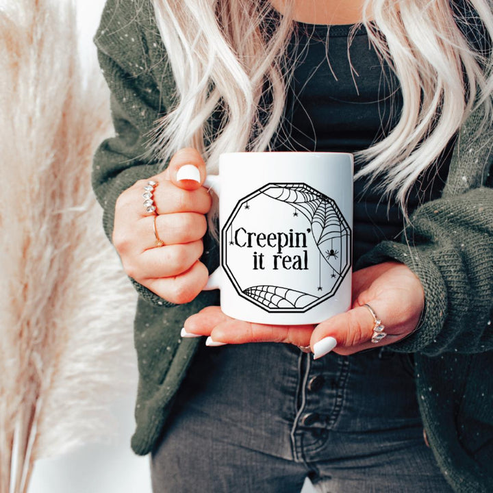 Creepin' it Real Pink Halloween Coffee Mug - Funny Fall Gift For Mom -Creepy Spider Coffee Cup for Spooky Season Salt and Sparkle