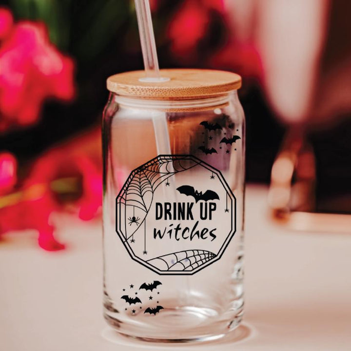 Drink Up Witches Halloween Iced Coffee Cup - Best friend Witch Beer Can Glass Salt and Sparkle