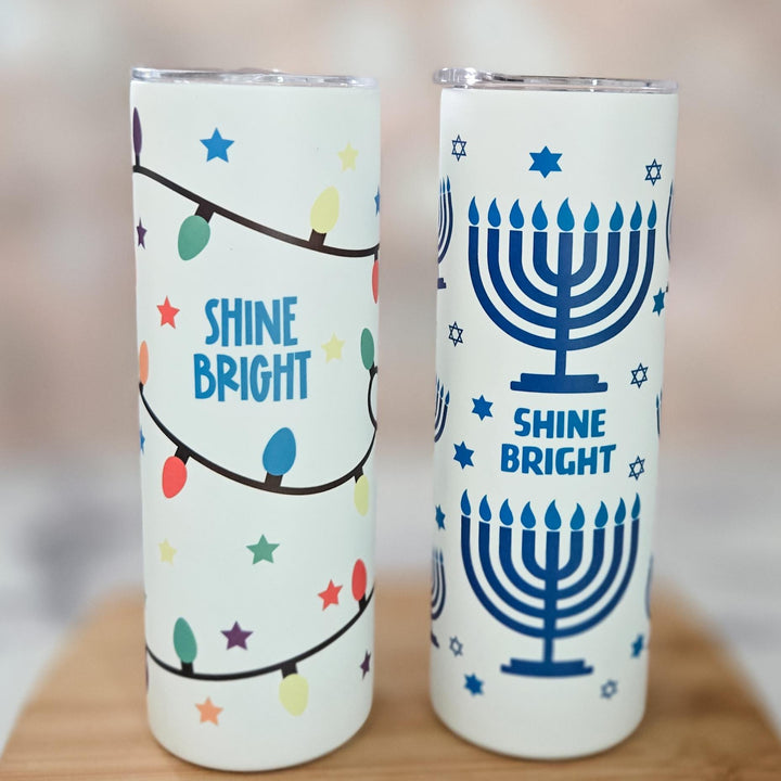 Chrismukkah Glow-in-the-Dark Tumbler Set, 20oz Insulated Travel Cups for Interfaith Couples, Fun Shine Bright Christmas and Hanukkah Cup Set Salt and Sparkle