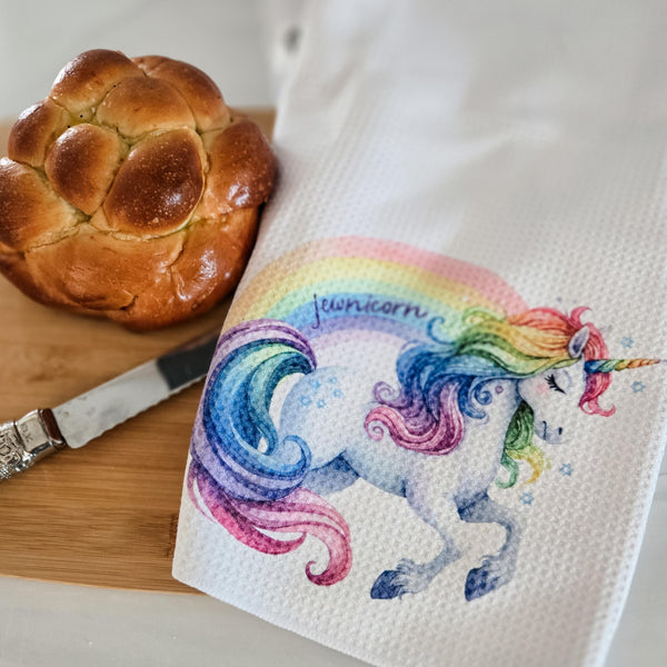 Jewnicorn Waffle Dish Towel, Rainbow Unicorn Jewish Home Decor, Housewarming Gift for First Jewish Home, Funny Jewish Kitchen Towel for Her Salt and Sparkle