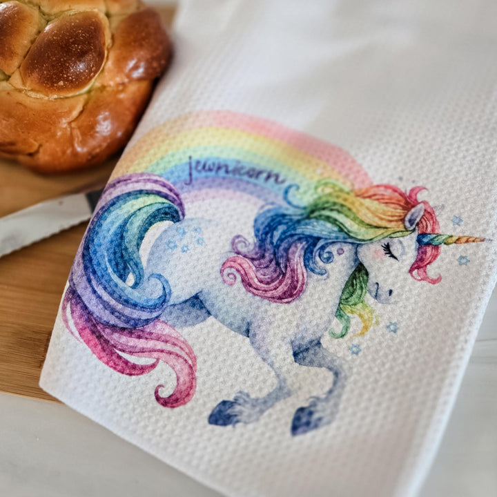 Jewnicorn Waffle Dish Towel, Rainbow Unicorn Jewish Home Decor, Housewarming Gift for First Jewish Home, Funny Jewish Kitchen Towel for Her Salt and Sparkle